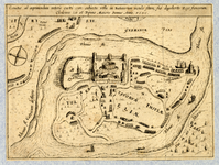 212005 Plattegrond van de burcht Trecht; met weergave wegen, de rivier de (Oude) Rijn en de omliggende bebouwing in opstand.